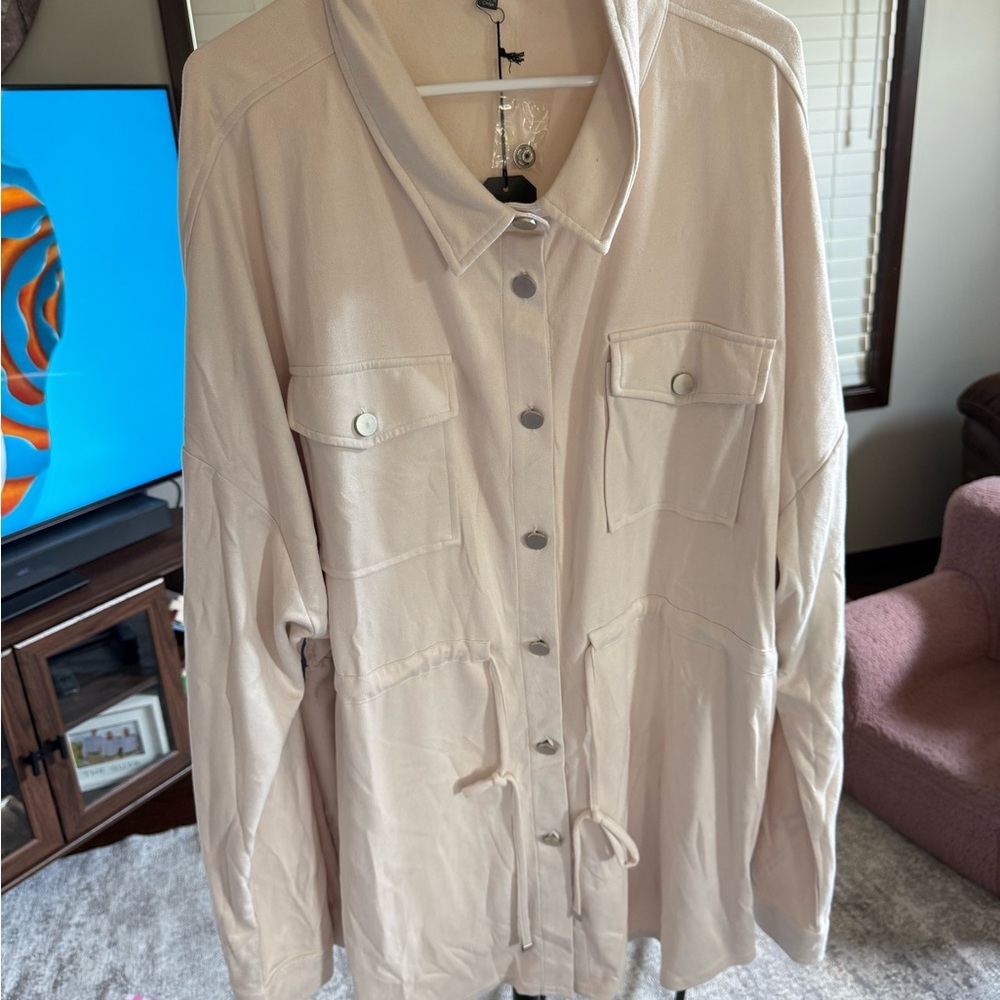Cream suede Utility Jacket with Drawstring Waist